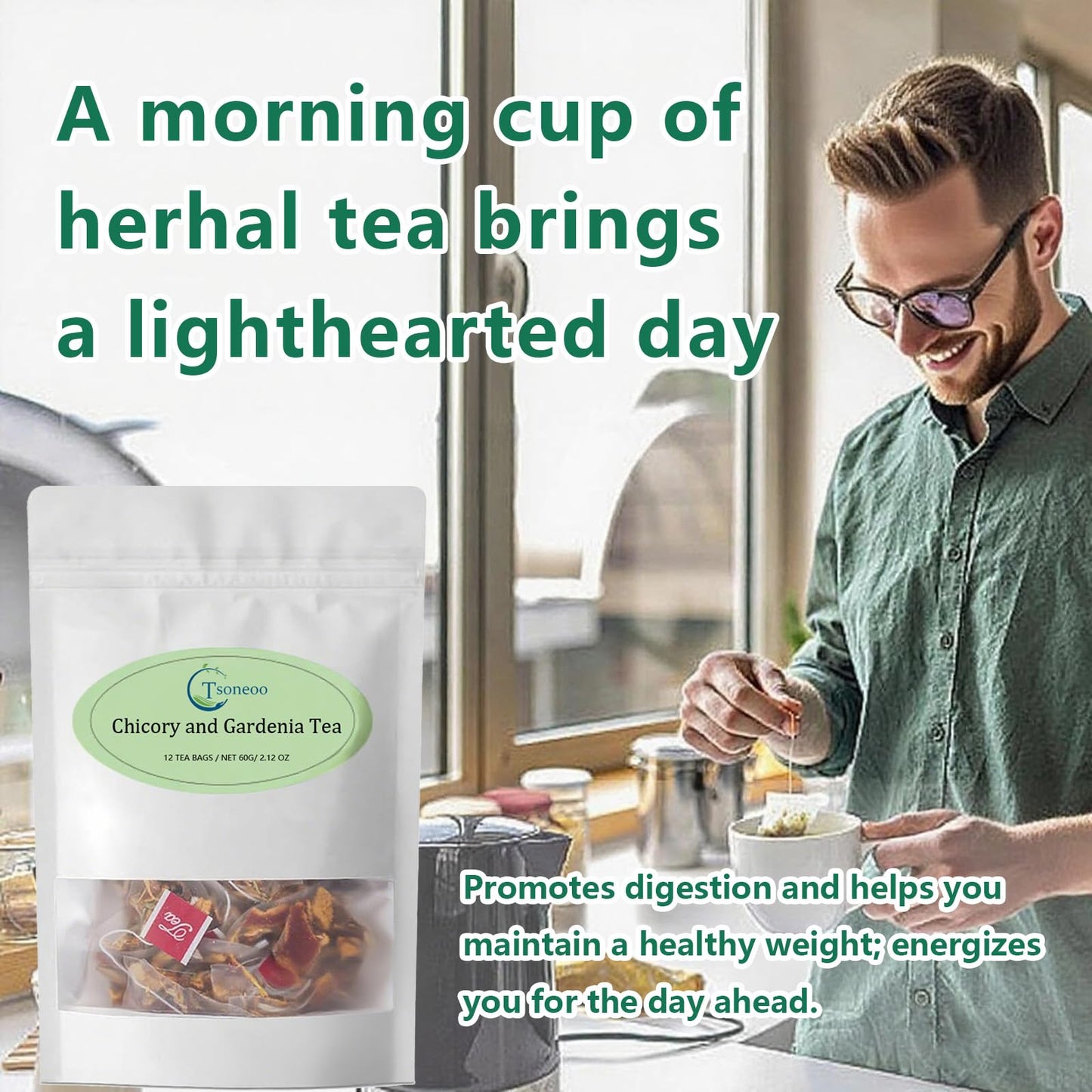 12 Tea Bags Chicory & Gardenia Herbal Tea - Gardenia  Chicory  Honeysuckle  Licorice  Tangerine Peel  Natural Sugar Free Blend  Vegan & Caffeine Free (1pc)