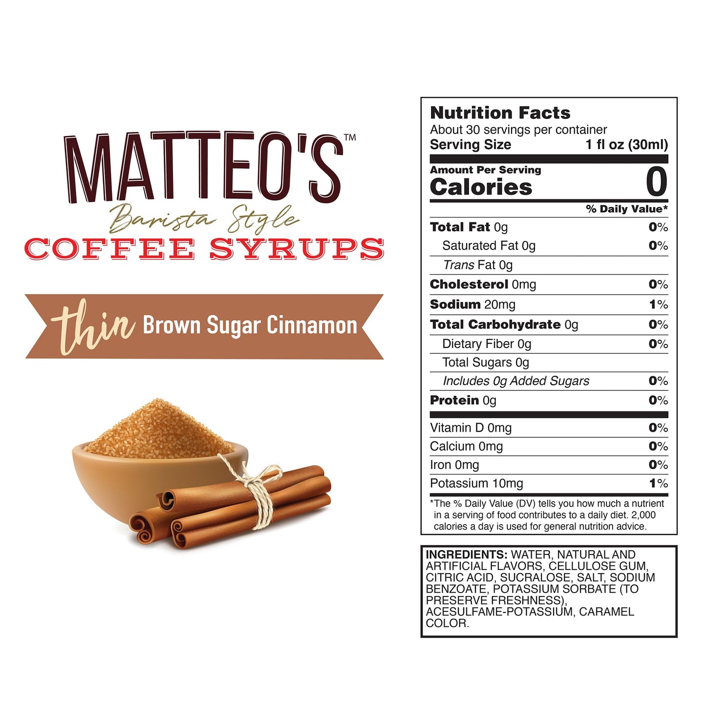 Matteos Sugar-Free Coffee Syrup, Brown Sugar Cinnamon, 33.8 Fl Oz, Keto Friendly, Zero Calories, Ideal for Lattes and Cappuccinos