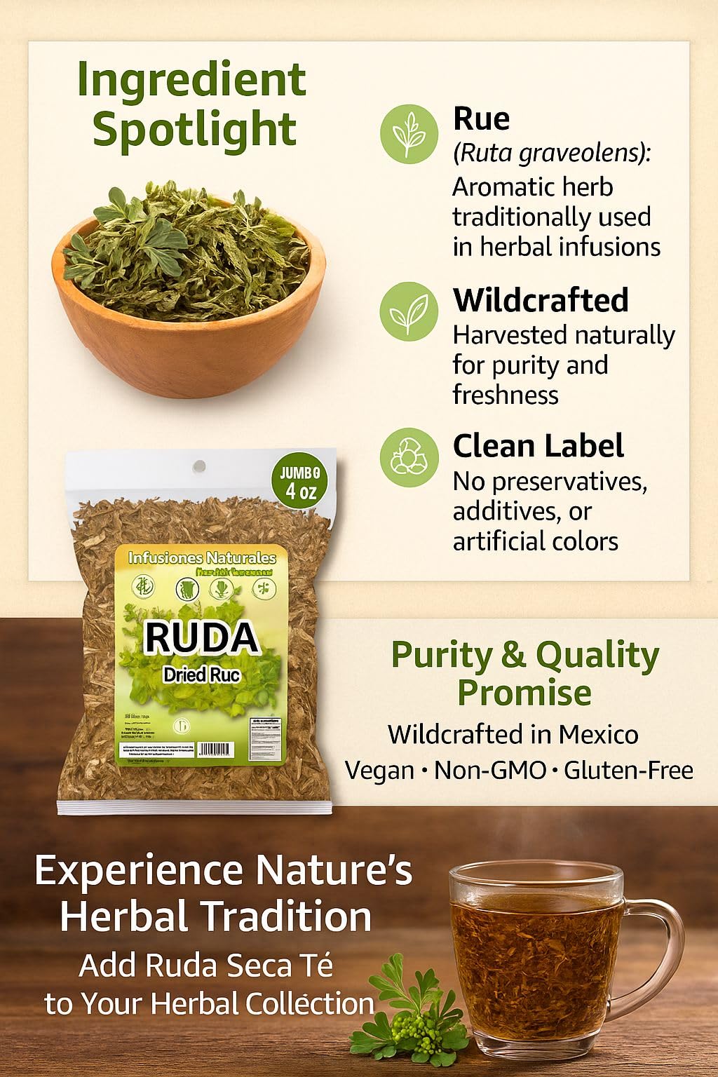 Ruda Seca T? - Rue Dried Herbs Tea - 4 oz (113 g) - Ruta Graveolens Loose Leaf - Traditional Herbal Infusion - 100% Natural  Wildcrafted  Vegan  Non-GMO - by BexpertsUSA