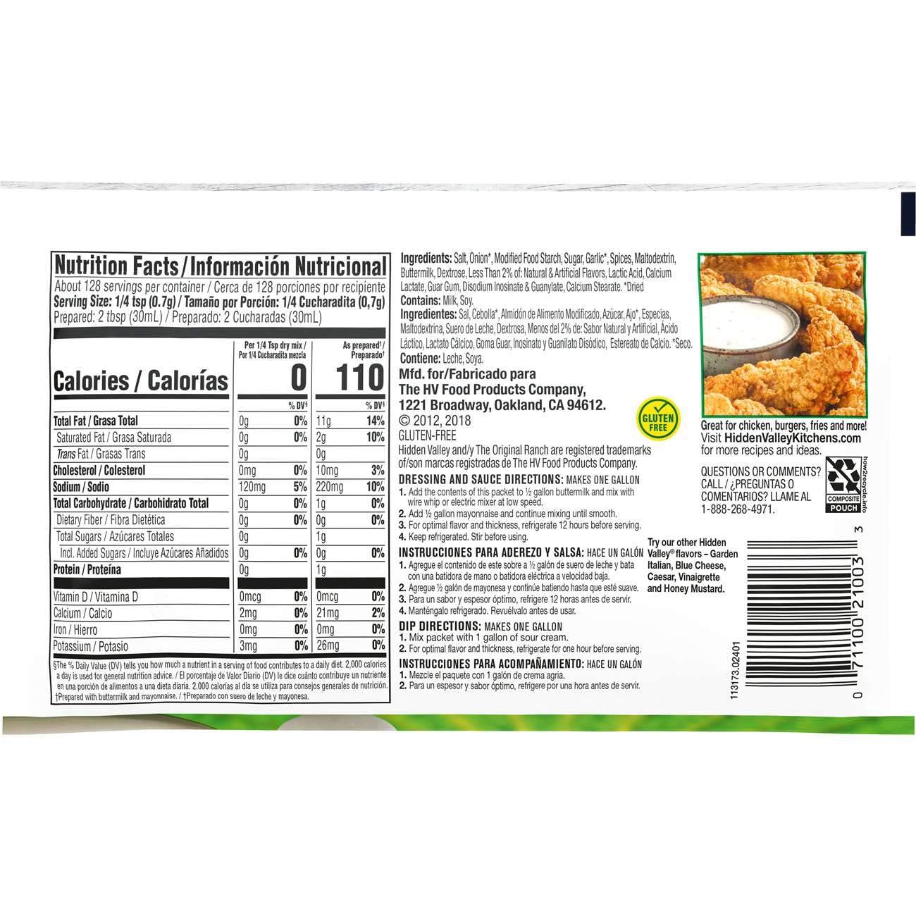 Hidden Valley, Original Buttermilk Ranch, No Msg, Gluten-Free, Dry Mix, 1 Gallon (12 Count)