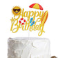 Summer Beach Happy Birthday Cake Topper Gold Glitter Summer Pool Swimming Surfing Party Decoration Summer Holiday Birthday Party