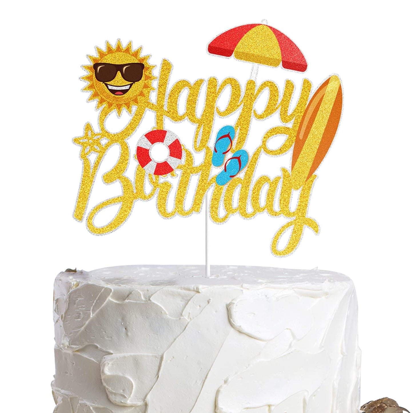 Summer Beach Happy Birthday Cake Topper Gold Glitter Summer Pool Swimming Surfing Party Decoration Summer Holiday Birthday Party