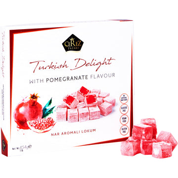 Turkish Delight With Pomegranate Flavor 16 Oz Gourmet Medium Size Snacks Gift Box | No Nuts Sweet Luxury Traditional Confectione