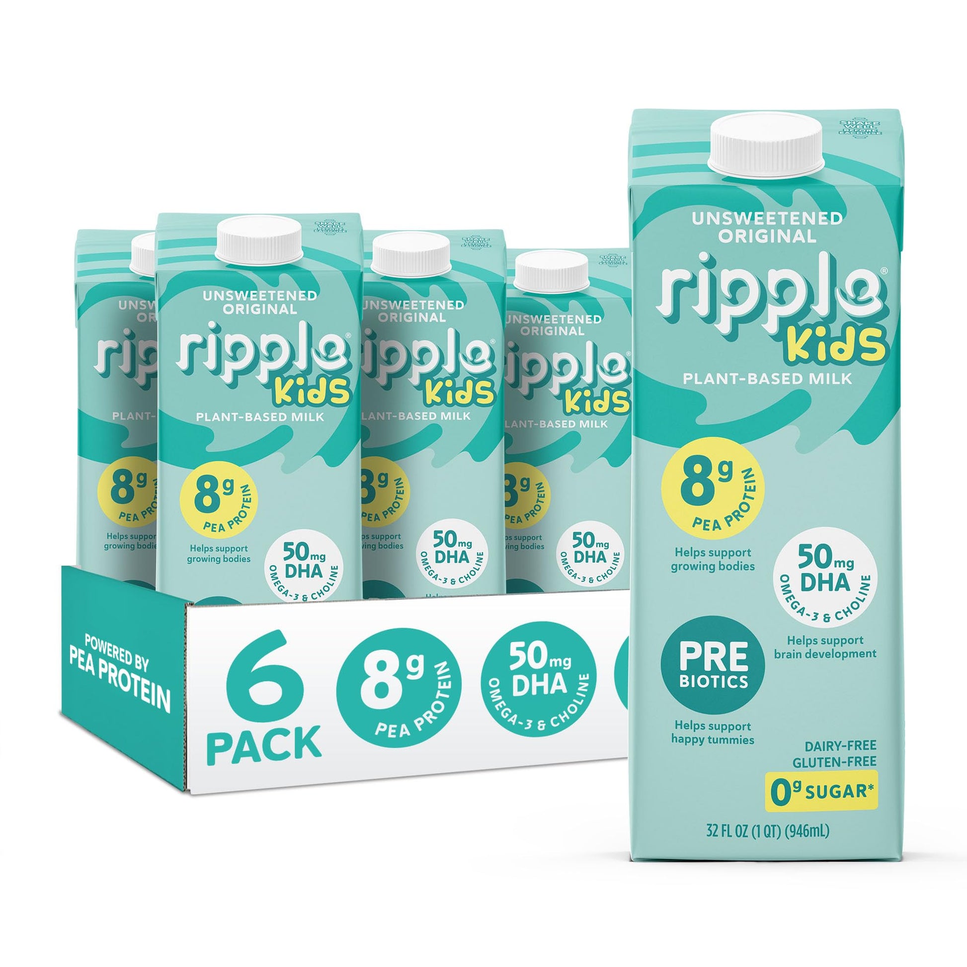 Ripple 32 oz Plant Based Milk 8g of Quality Sourced Pea Protein  Calcium Rich | Shelf Stable | Vegan & Non GMO Certified | Dairy  Soy  Nut  Gluten  & Lactose Free (Pack of 6) (32 Fl Oz (Pack of 6)  Kids Unsweetened)