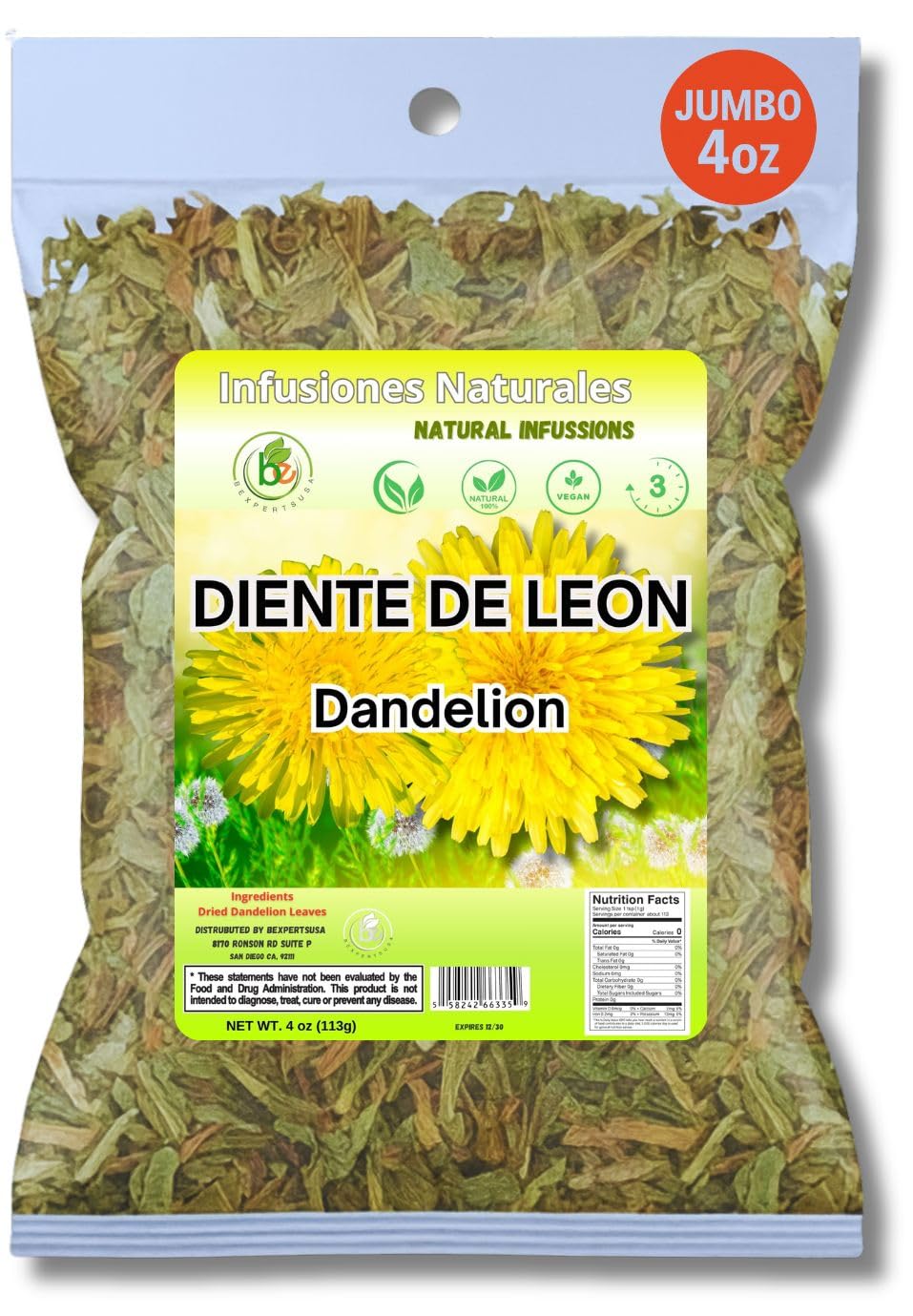Diente de Le?n Herbal Tea - Dandelion Loose Leaf - 4 oz (113 g) - 100% Natural  Vegan  Non-GMO  Caffeine-Free - Traditional Herbal Infusion - by BexpertsUSA