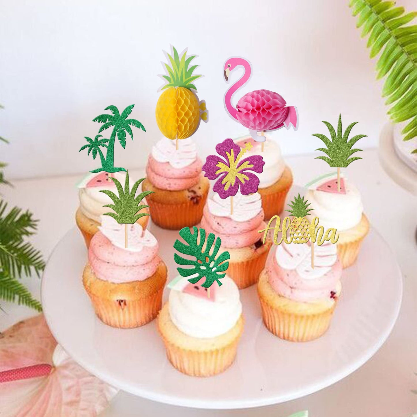 28 Pcs Tropical Cupcake Toppers Glitter Leaf Pineapple Flower Palm Tree Flamingo Cupcake Picks Aloha Cake Decorations For Summer