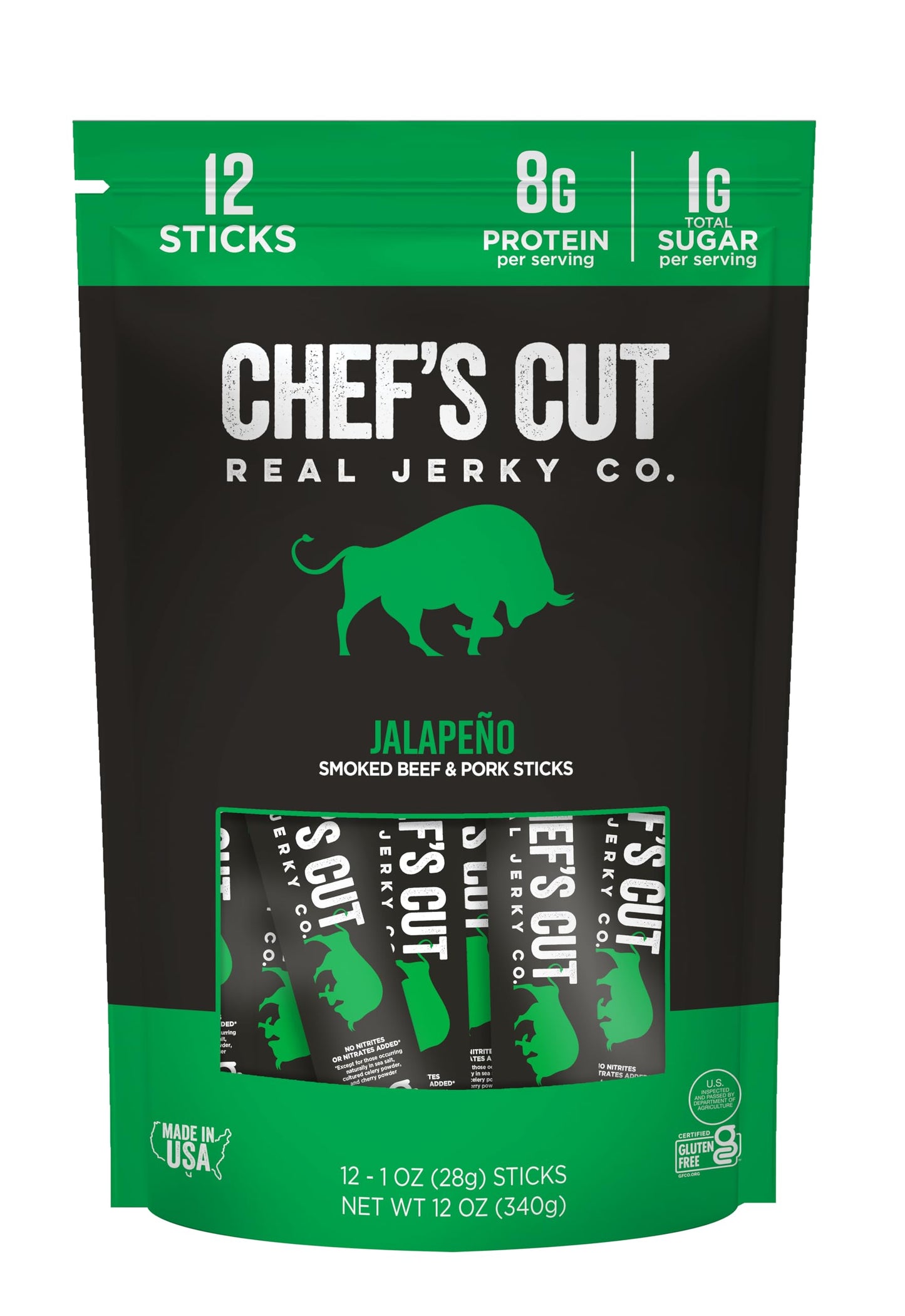 Chefs Cut Real Snack Sticks - High Protein Meat Snack, Gluten Free, Keto-Friendly, Jalapeño Heat, 1 oz Stick, 12-Count Bag