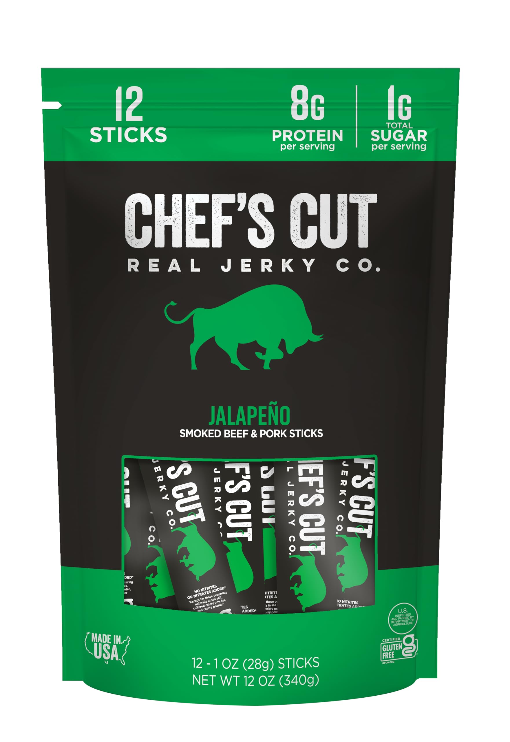 Chefs Cut Real Snack Sticks - High Protein Meat Snack, Gluten Free, Keto-Friendly, Jalapeño Heat, 1 oz Stick, 12-Count Bag