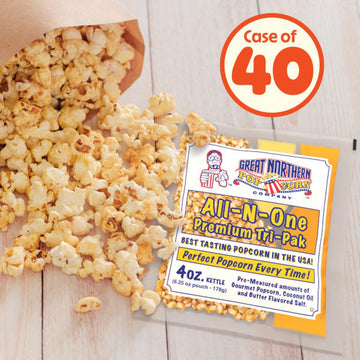 4oz Popcorn Machine Popcorn Packets - Pre-Measured  Movie Theater Style  All in One Gourmet Pop Corn Kernels for Popping with Butter Flavored Salt and Oil by Great Northern Popcorn (40 Case)