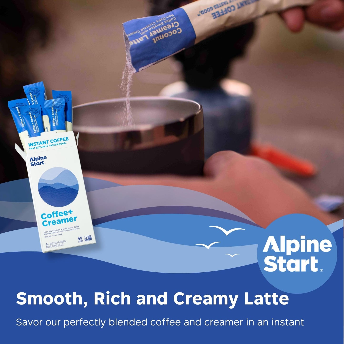Alpine Start Instant Coffee Packets With Creamer Single Serve - Individual Latte Powder Mix From Arabica Coffee Beans With Non-Dairy Cream For Travel, Hiking, Backpacking (0.49 Oz) Box Of 5 Sticks