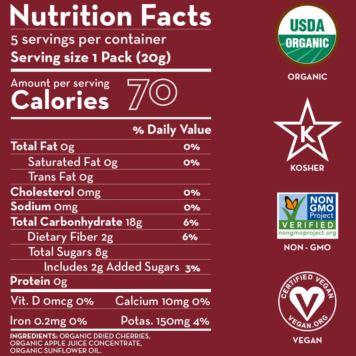 SUNNY FRUIT Organic Dried Tart Cherries - 6 Bags, 0.7oz Packs, Non-GMO, Vegan, Halal, Kosher