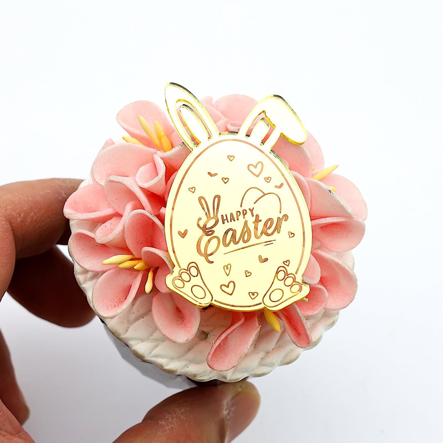 Aiqi Bakes 24 Pieces Happy Easter Bunny Cupcake Toppers, Rabbit Ears Egg Gold Mirror Acrylic Cake Toppers For Easter Spring Them
