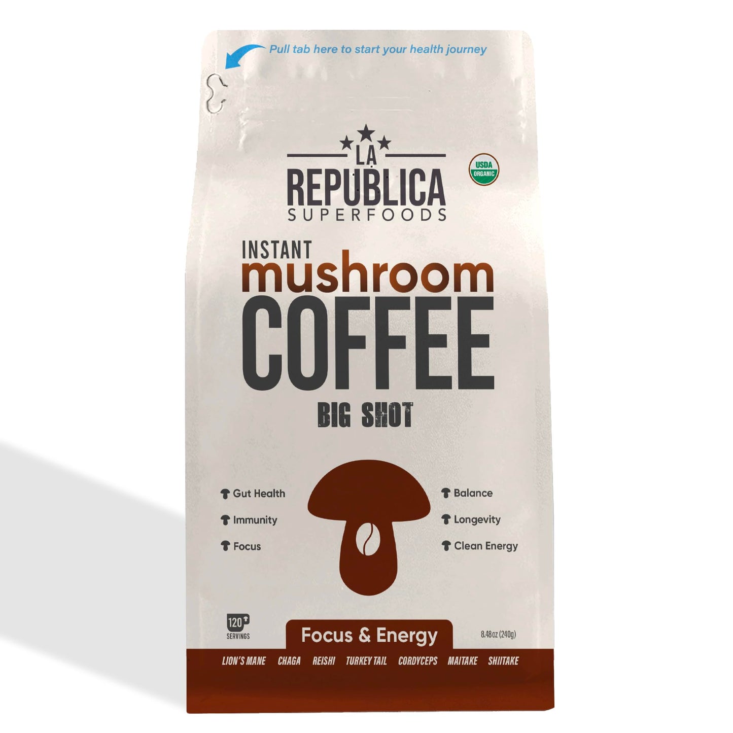 La Republica Big Shot Organic Mushroom Coffee (120 Servings) W/ 7 Superfood Shrooms, Instant With Lion'S Mane, Reishi, Chaga, Cordyceps, Shiitake, Maitake, Turkey Tail [Reg]