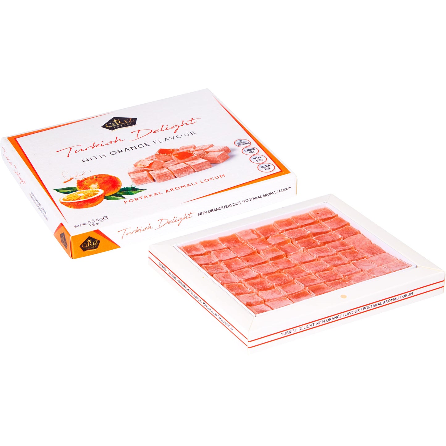 Cerez Pazari Turkish Delight With Orange Flavor 454 Gr Gourmet Medium Size Snacks Gift Box | No Nuts Sweet Luxury Traditional Co