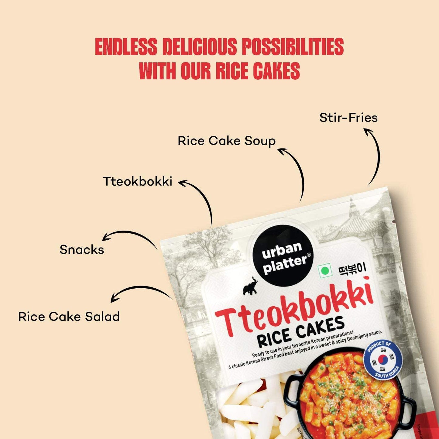 Urban Platter Korean Tteokbokki Rice Cakes, 17.64 Oz (500g), Vegan, Gluten-Free, Authentic Street Food