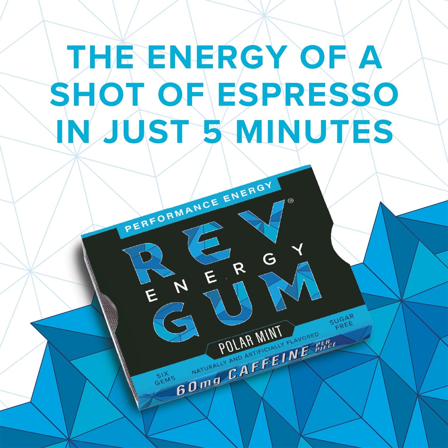 REV Caffeine Energy Gum - Polar Mint, Sugar Free, Low Calorie, Regular Strength, 60mg Caffeine per Gum, 12 Packs (72 Count)