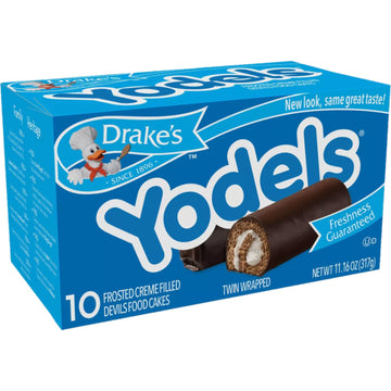 Drakes Cakes Yodels, 10 cakes per box, 11.16 oz of Rolled Devils Food Cakes (8-Boxes)