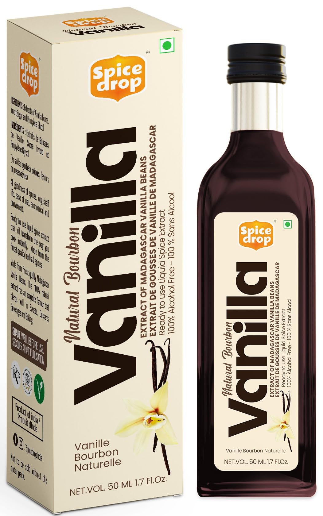 Spice Drop Pure Madagascar Vanilla Extract, Alcohol-Free, 1.69 Oz, 100% Natural, Ideal for Baking and Desserts