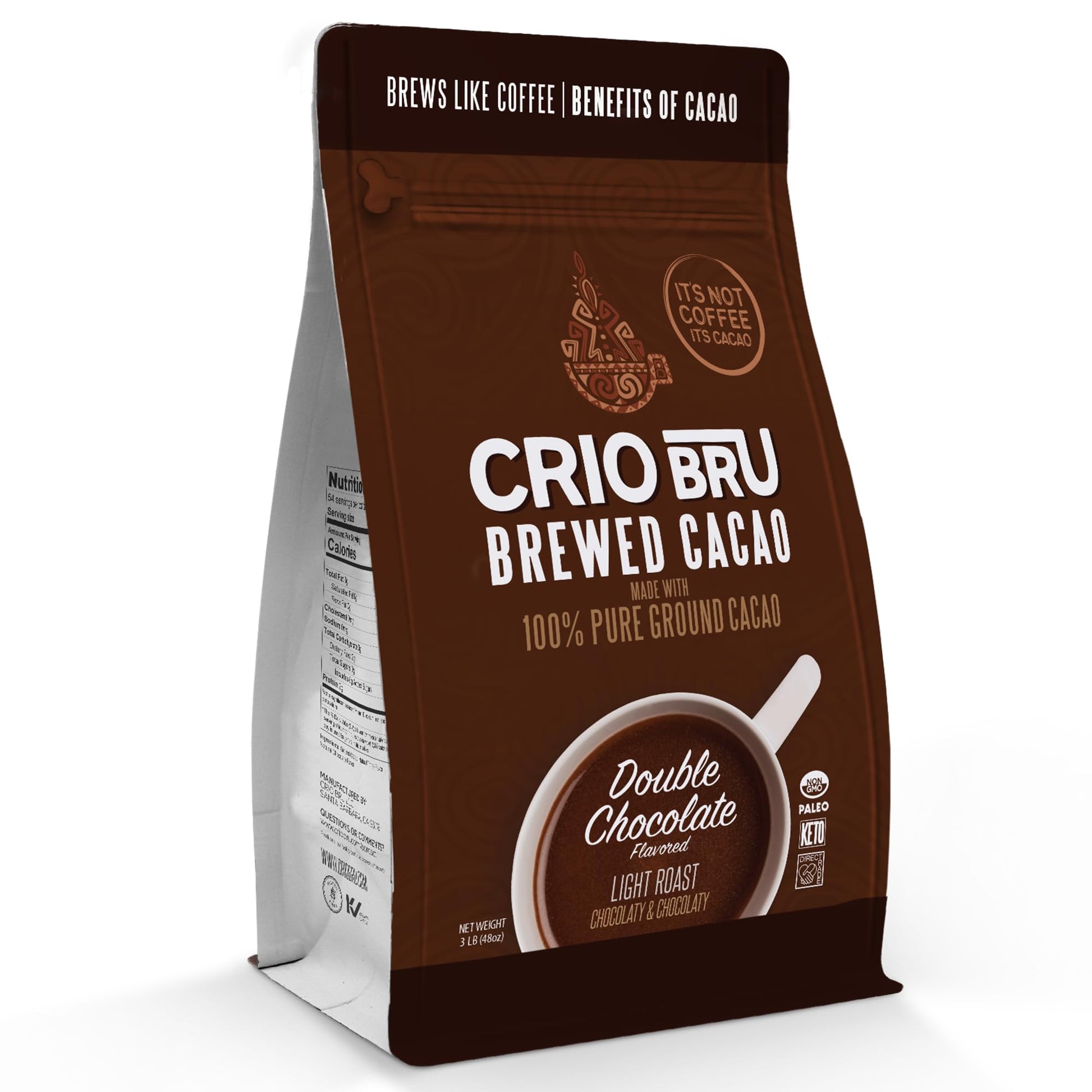 Crio Bru Brewed Cacao - Double Chocolate Light Roast Coffee Alternative, 3lb, 100% Pure Ground Cacao Beans, Keto, Low Carb, Non-GMO