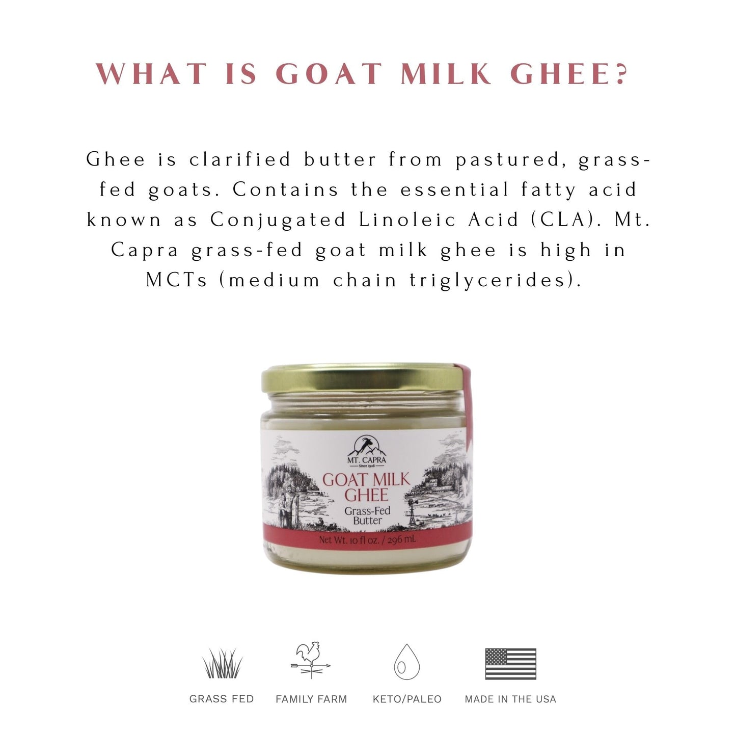 Mt. Capra Goat Milk Ghee, Grass-Fed Clarified Butter, 10.01 Fl Oz, Unsalted, Ideal for Keto and Paleo Diets