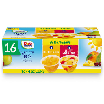 Dole Fruit Bowls, Diced Peaches and Cherry Mixed Fruit Variety Pack Snacks, 4oz 16 Total Cups, Gluten & Dairy Free, Bulk Lunch S