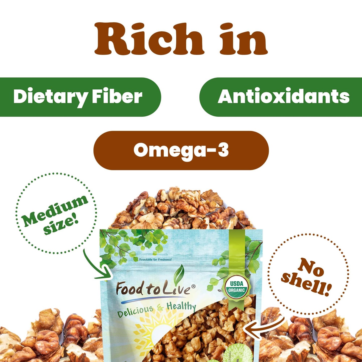 Food to Live Organic Walnut Pieces, Medium Size, Non-GMO, 1 Pound