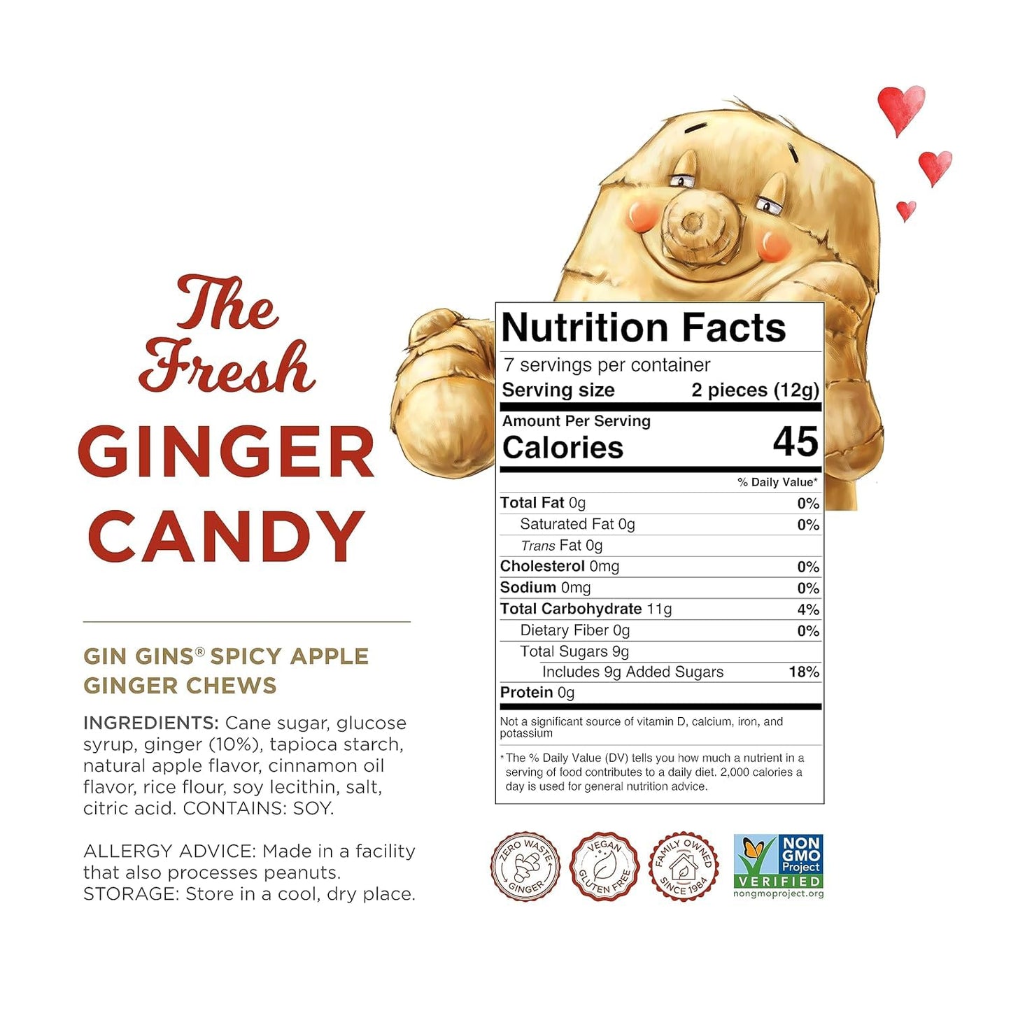 The Ginger People GIN GINS Spicy Apple Ginger Chews – 100% Natural Candy – Pack of 12 – 3oz Bags – Individually Wrapped