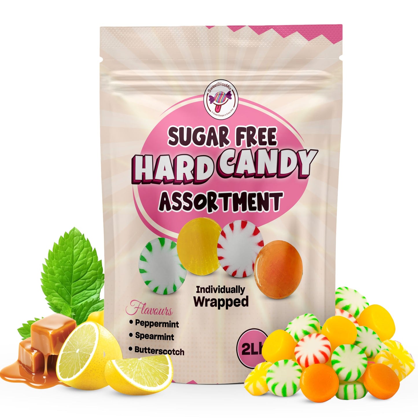 SweetBlissMix Sugar Free Hard Candy Assortment - Lemon, Butterscotch, Spearmint, Peppermint - 2Lbs, Keto Friendly, Individually Wrapped