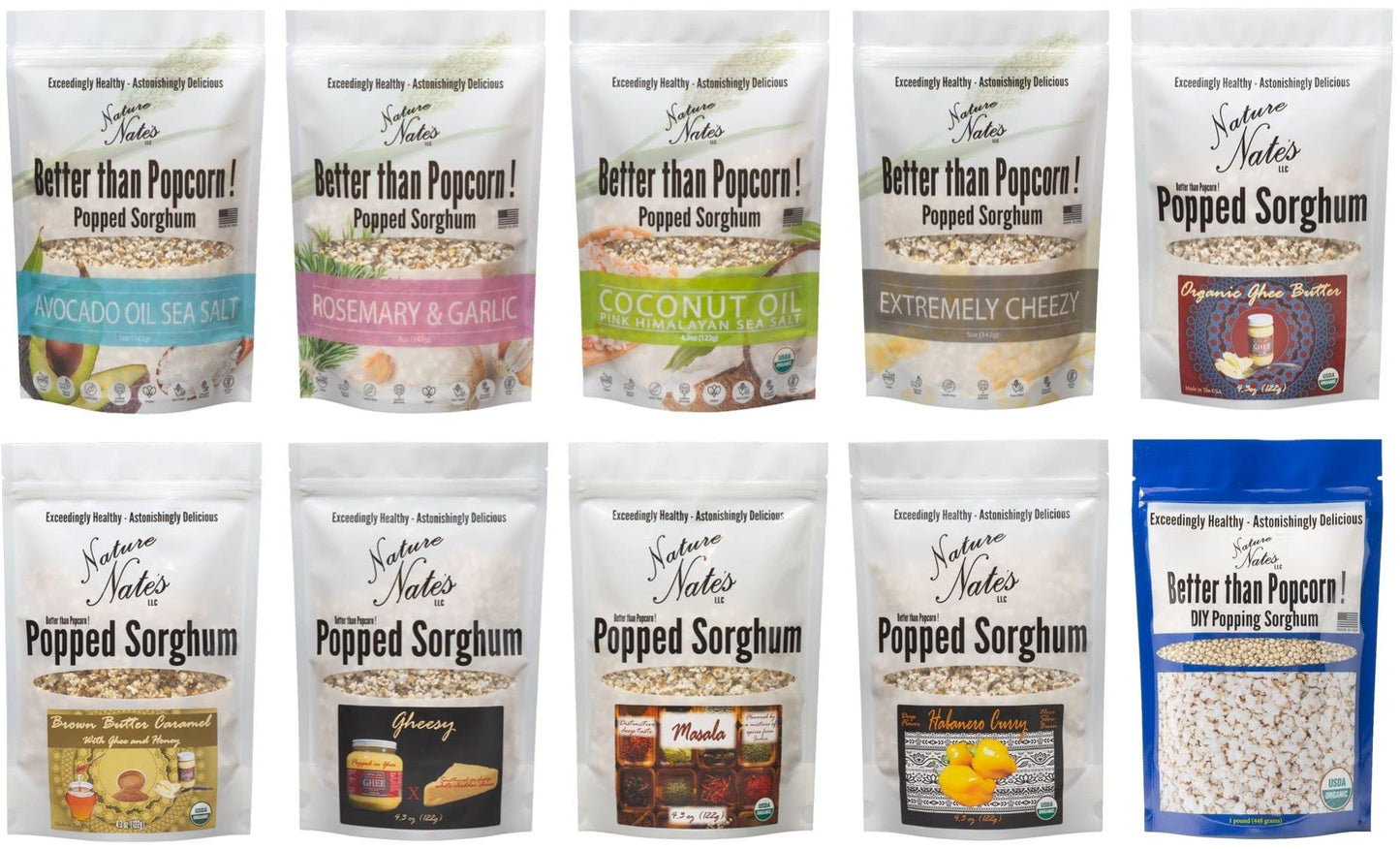 Nature Nate   S Popped Sorghum, Variety Multi Pack - Organic, Keto & Gluten Free, Healthy Snacks, Better Than Popcorn, Made In U