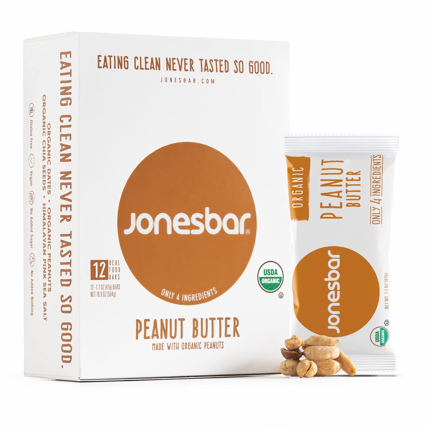 JONESBAR (Peanut Butter, 12 Count (Pack of 1)), USDA Organic Fruit & Nut Bar, Non-GMO, Kosher, Vegan, Gluten Free, Simple Snack