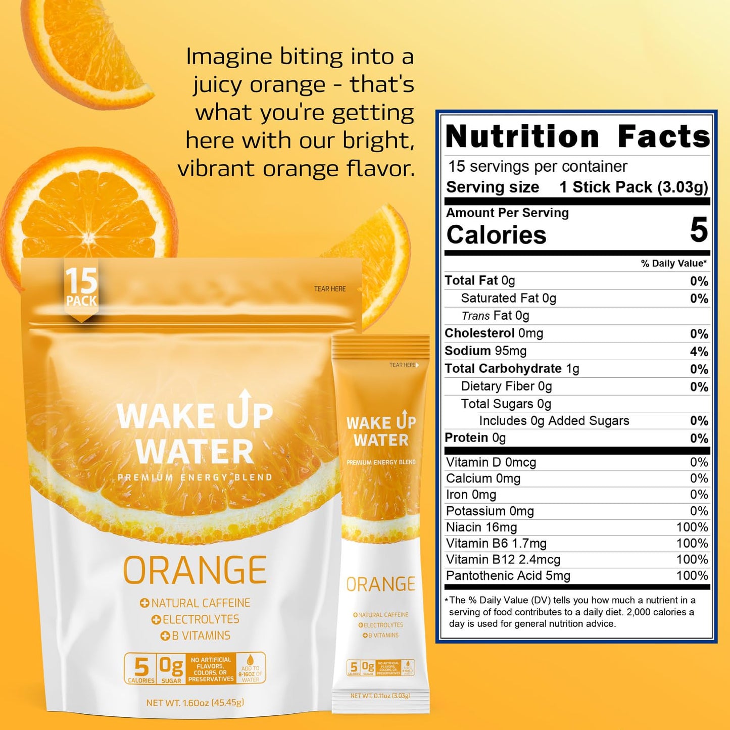 Wake Up Water Energy + Hydration Mix - Natural Caffeine, Electrolytes, B Vitamins - 15 Count Pack - Orange Flavor