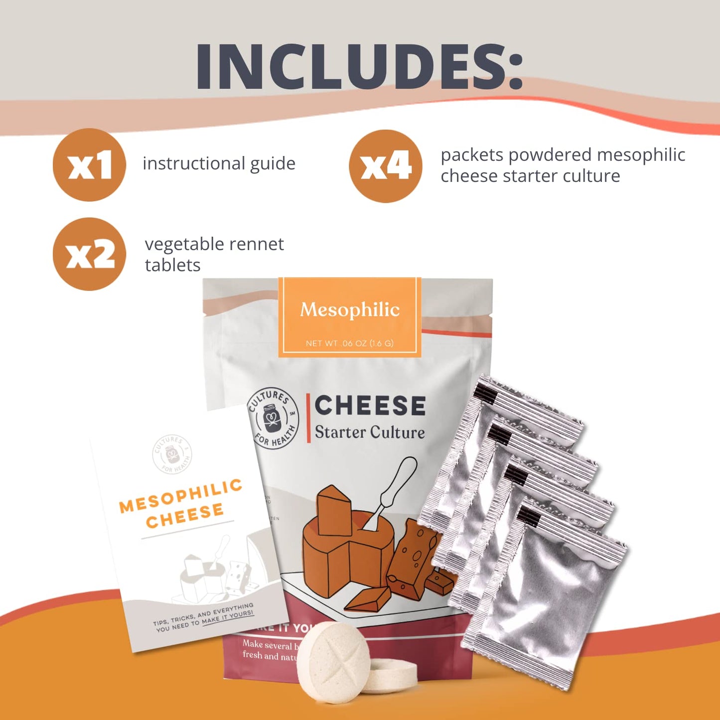 Cultures For Health Mesophilic Cheese Starter - 4 Packets + 2 Rennet compact pieces for DIY Cheese Making