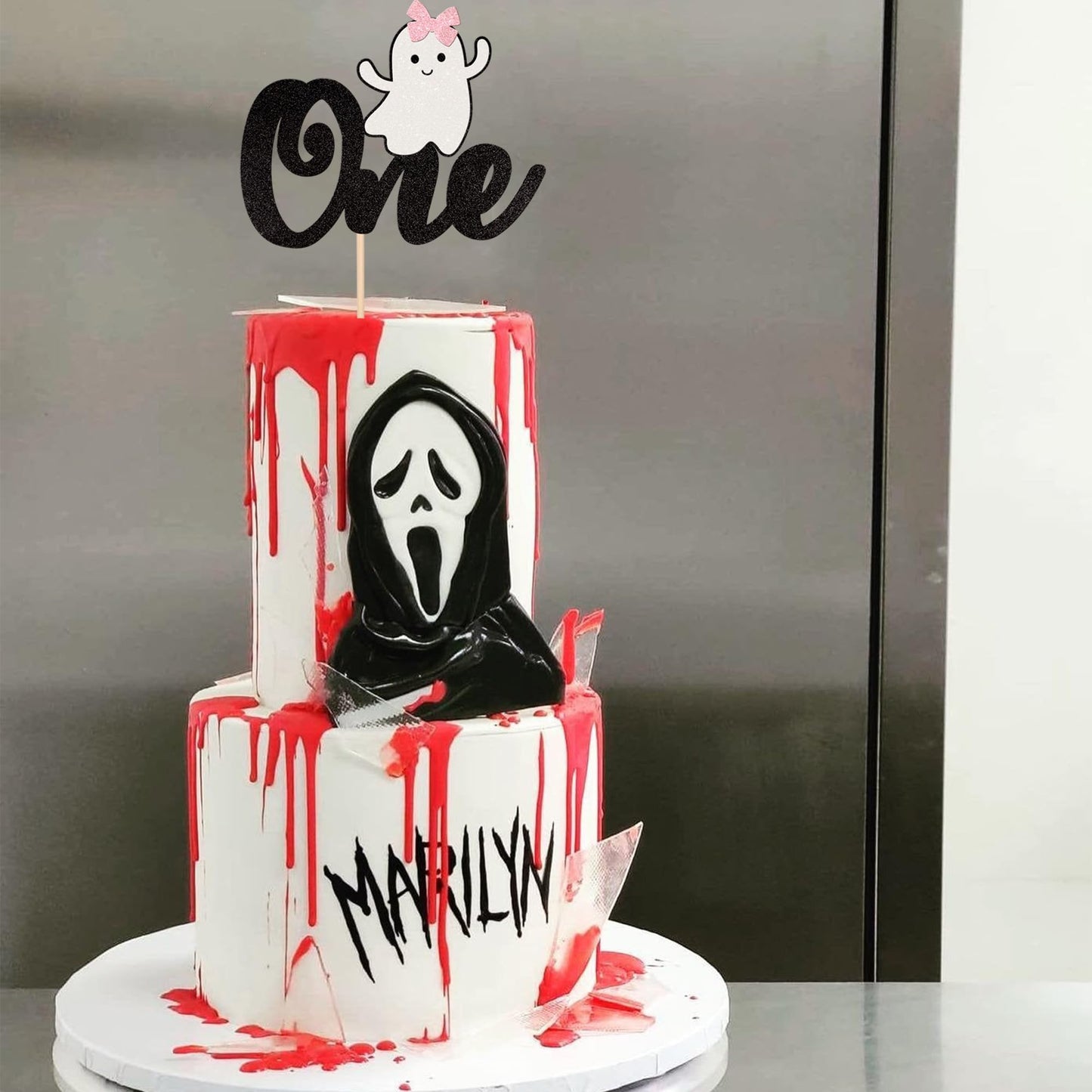 1 Pcs Halloween Ghost One Cake Topper Black And Pink Glitter Baby Ghost 1St Birthday Cake Pick The Spooky One Cake Decoration Fo