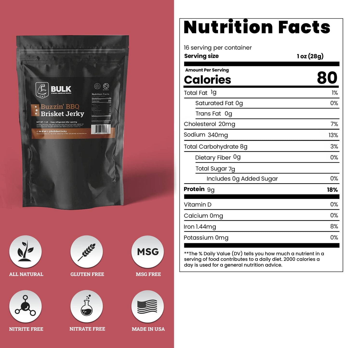 Buzzin Bbq - Bulk Brisket Jerky 1Lb - Soft And Tender - All Natural Gluten Free