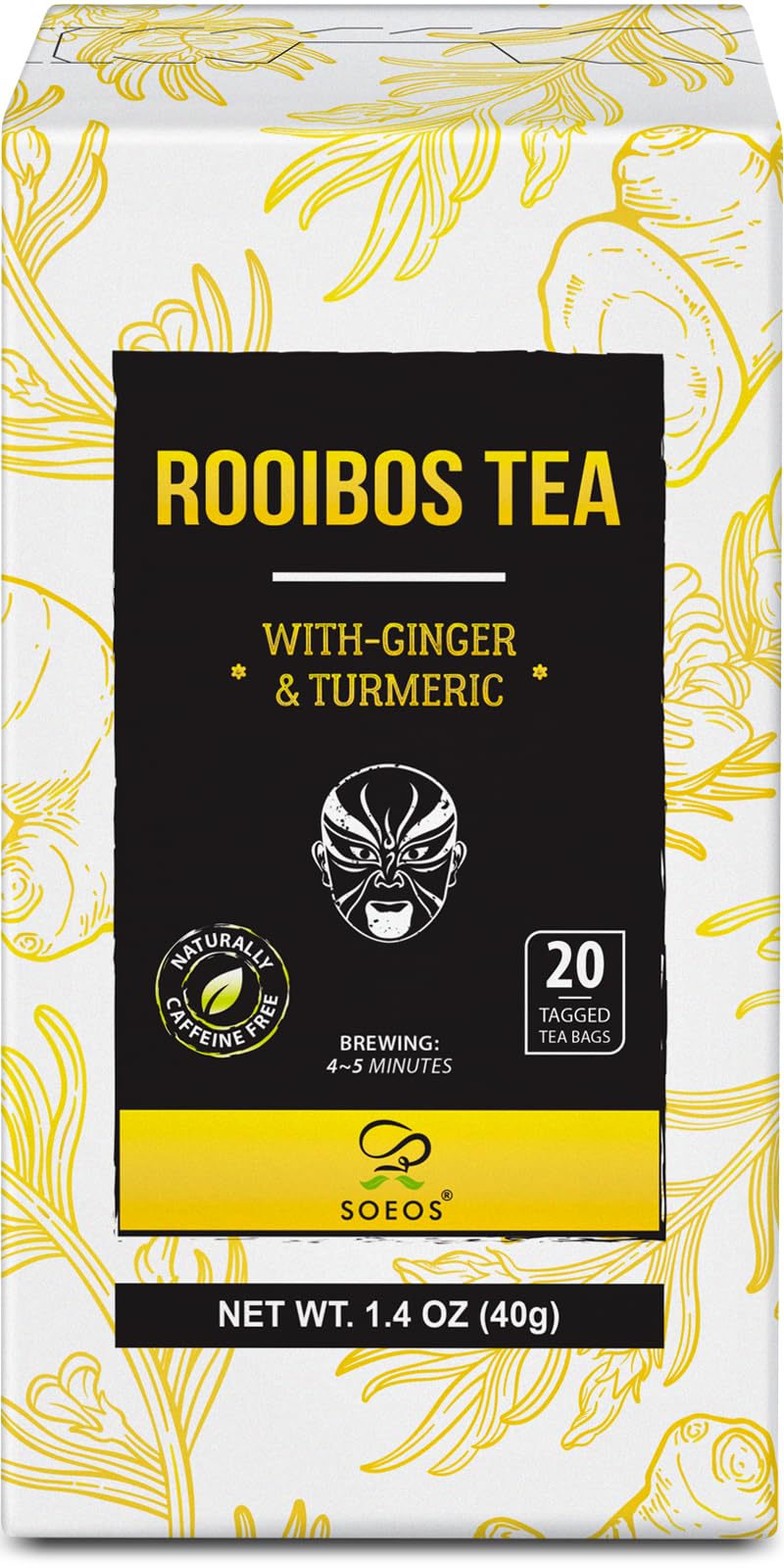 Soeos Ginger and Turmeric Tea, Caffeine Free Rooibos, 20 Teabags, 1.4oz (40g)