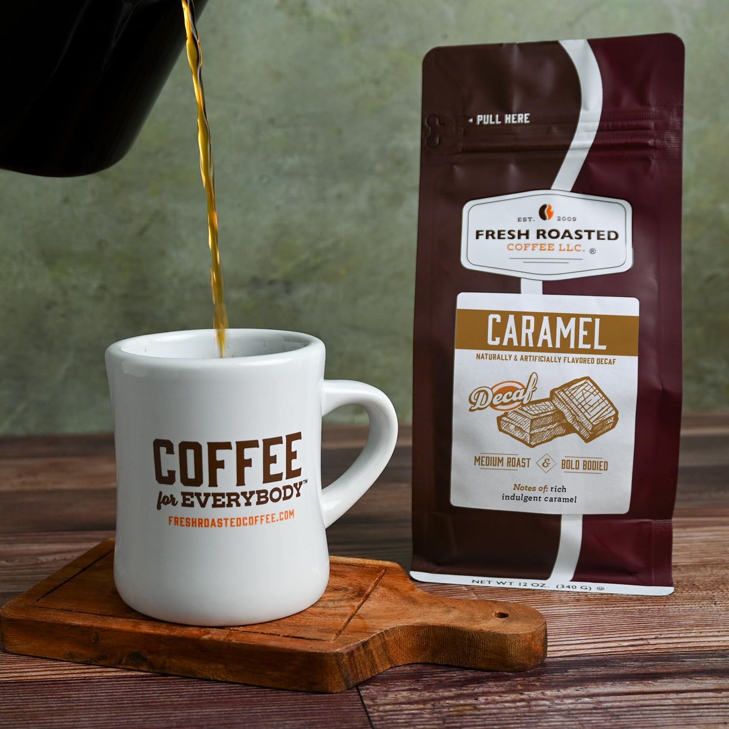 Fresh Roasted Coffee Decaf Caramel Flavored Whole Bean, Medium Roast, 12 oz, Kosher