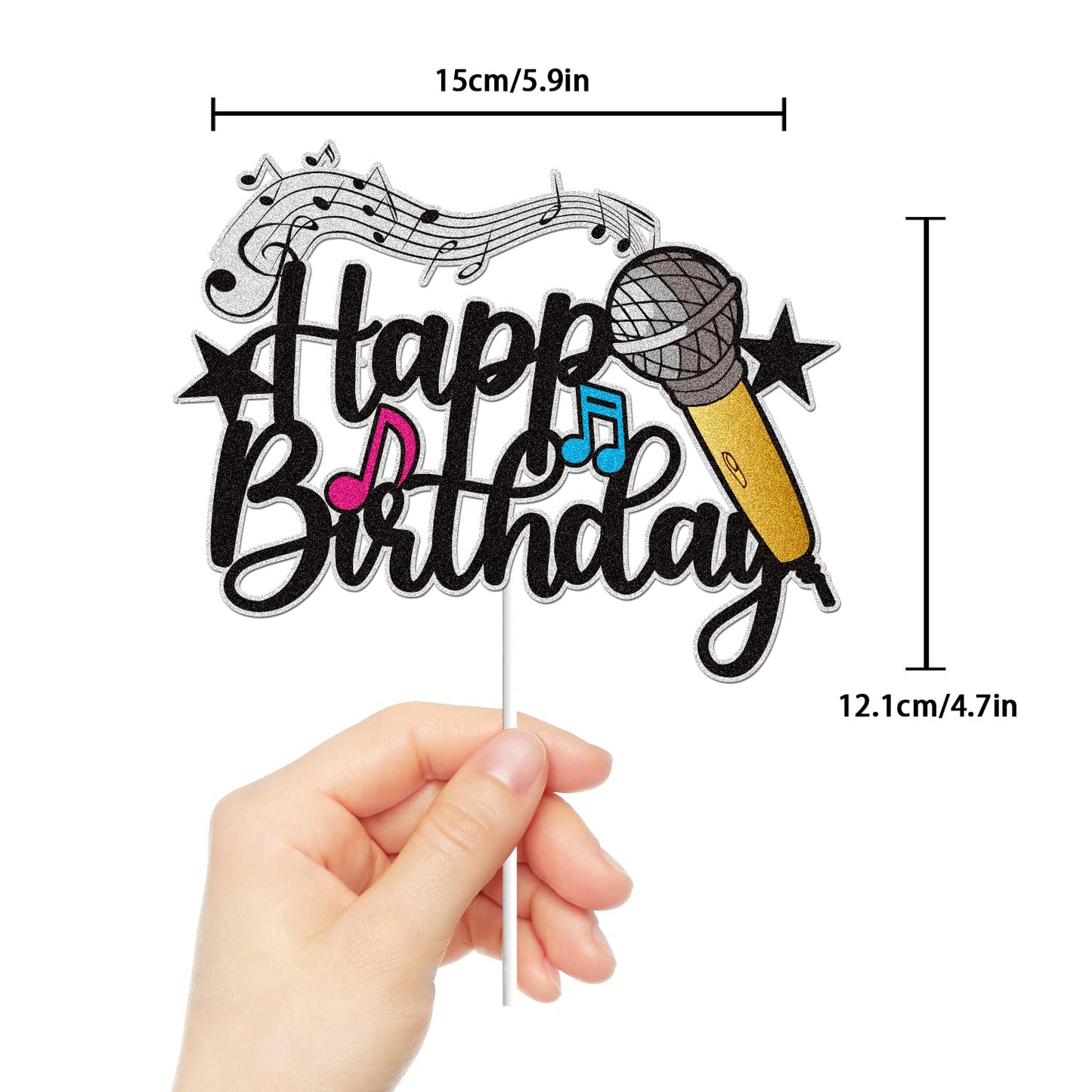 Microphone Happy Birthday Cake Topper Black Glitter Host Music Cake Decor Karaoke Musical Theme Birthday Party Supplies For Boys
