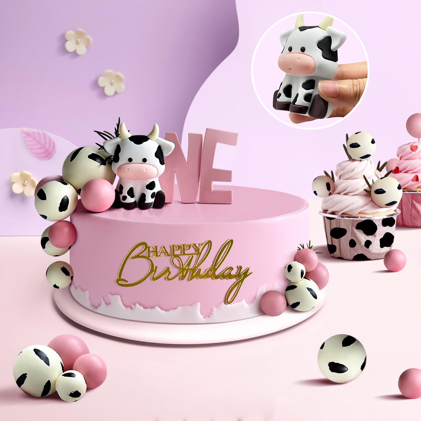 14 Pcs Cow Cake Decorations Pearls Balls Cake Toppers With Gold Happy Birthday Acrylic Cake Topper For Baby Shower Wedding Birth