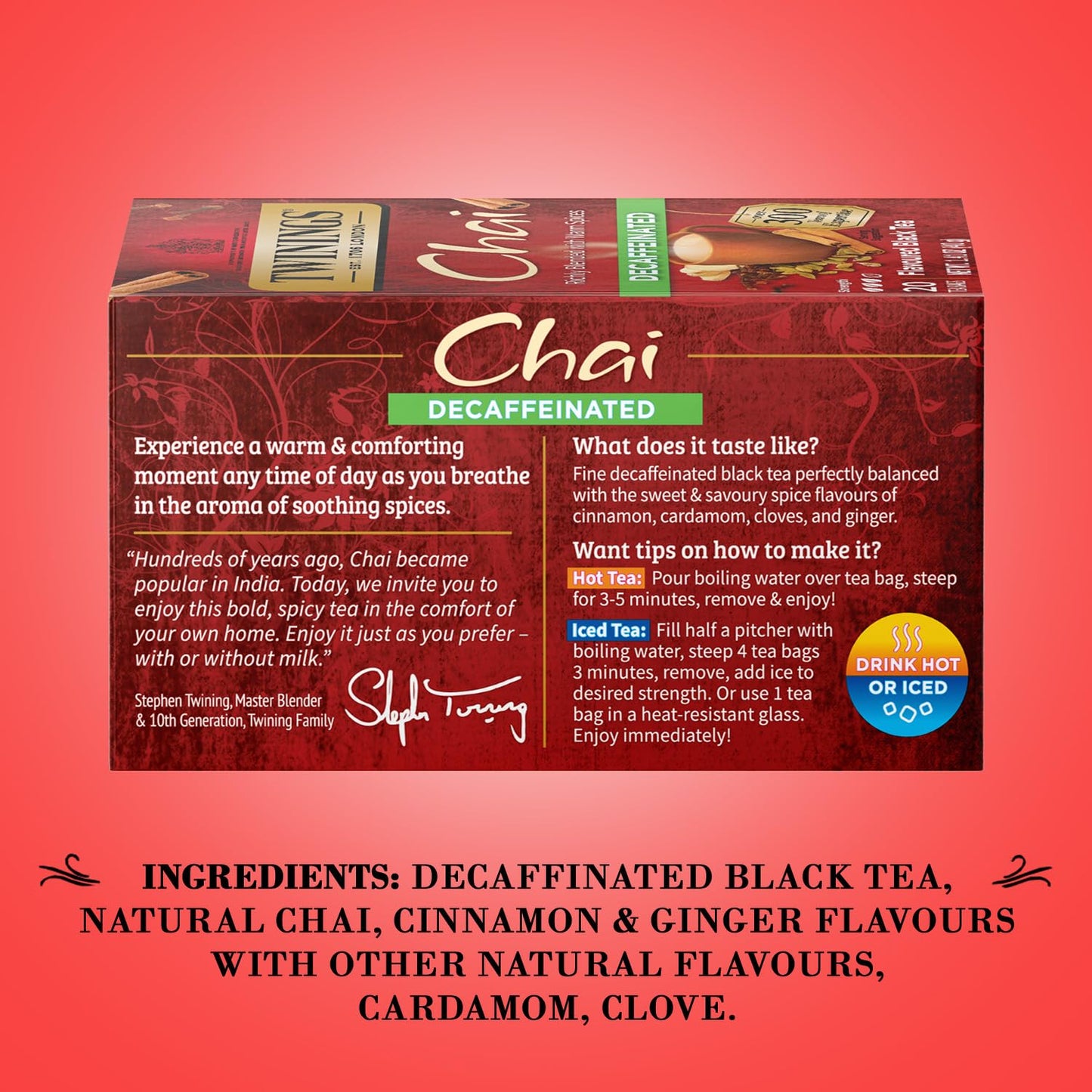 Twinings Decaffeinated Chai Tea, Black Tea Blend With Cinnamon, Ginger, Cardamon, Cloves For A Sweet And Spicy Flavor, Clover Honey Stick Included, 20 Count (Pack Of 3)