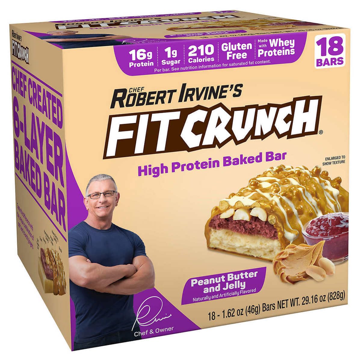 FITCRUNCH Snack Size Protein Bars, 6-Layer Baked Bar, 1g of Sugar, Gluten Free & Soft Cake Core (18 Bars, Peanut Butter and Jell