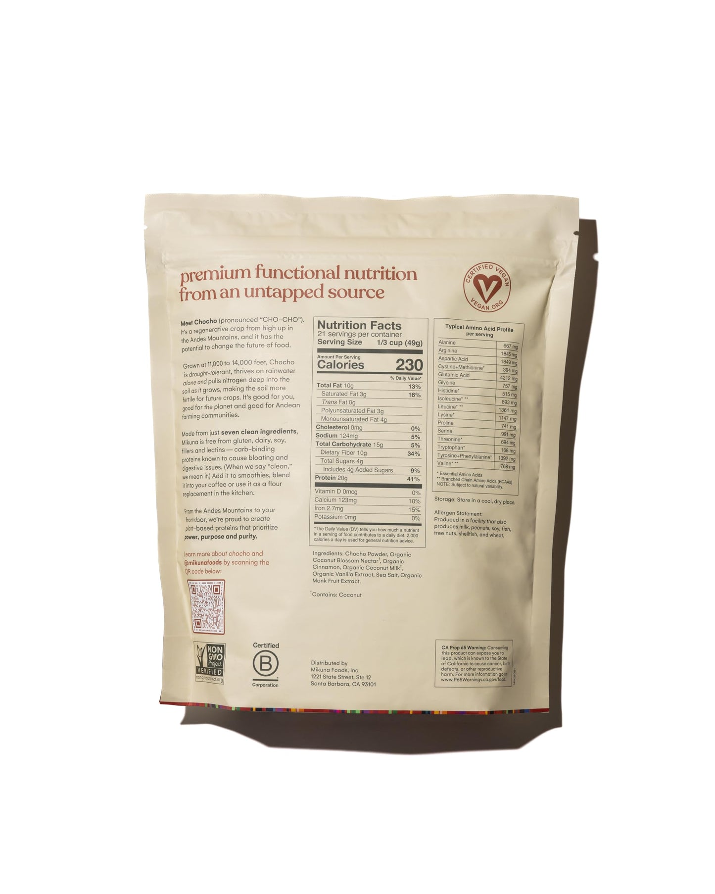 Mikuna Chocho Superfood Protein, Plant-Based Protein Powder - Vegan, Gluten Free, 3g Net Carbs or Less, and Bioavailable, Non-Is