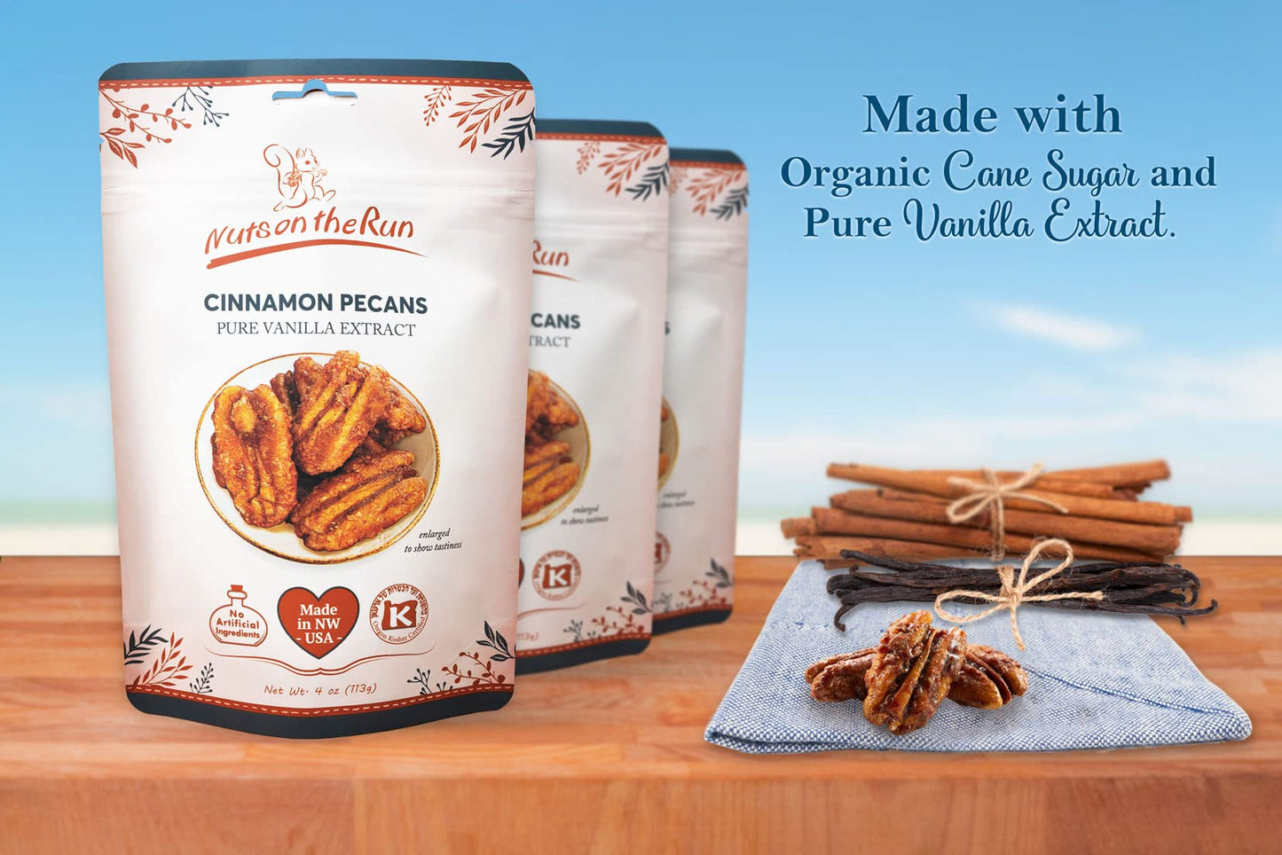 Nuts on the Run Cinnamon Pecans - 4oz (PACK OF 3 BAGS), Roasted Cinnamon Pecan Pralines, Satisfaction Guarantee