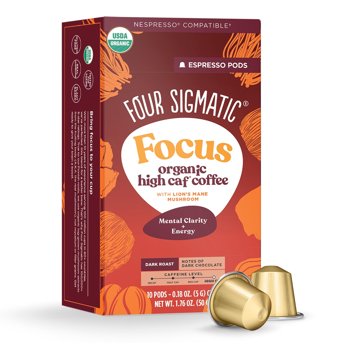 Four Sigmatic Focus High Caffeine Coffee Pods Compatible with Nespresso Original | Organic Dark Roast Espresso with Added Focus | Mushroom Coffee Enhanced with Lions Mane | High Caffeine 10ct