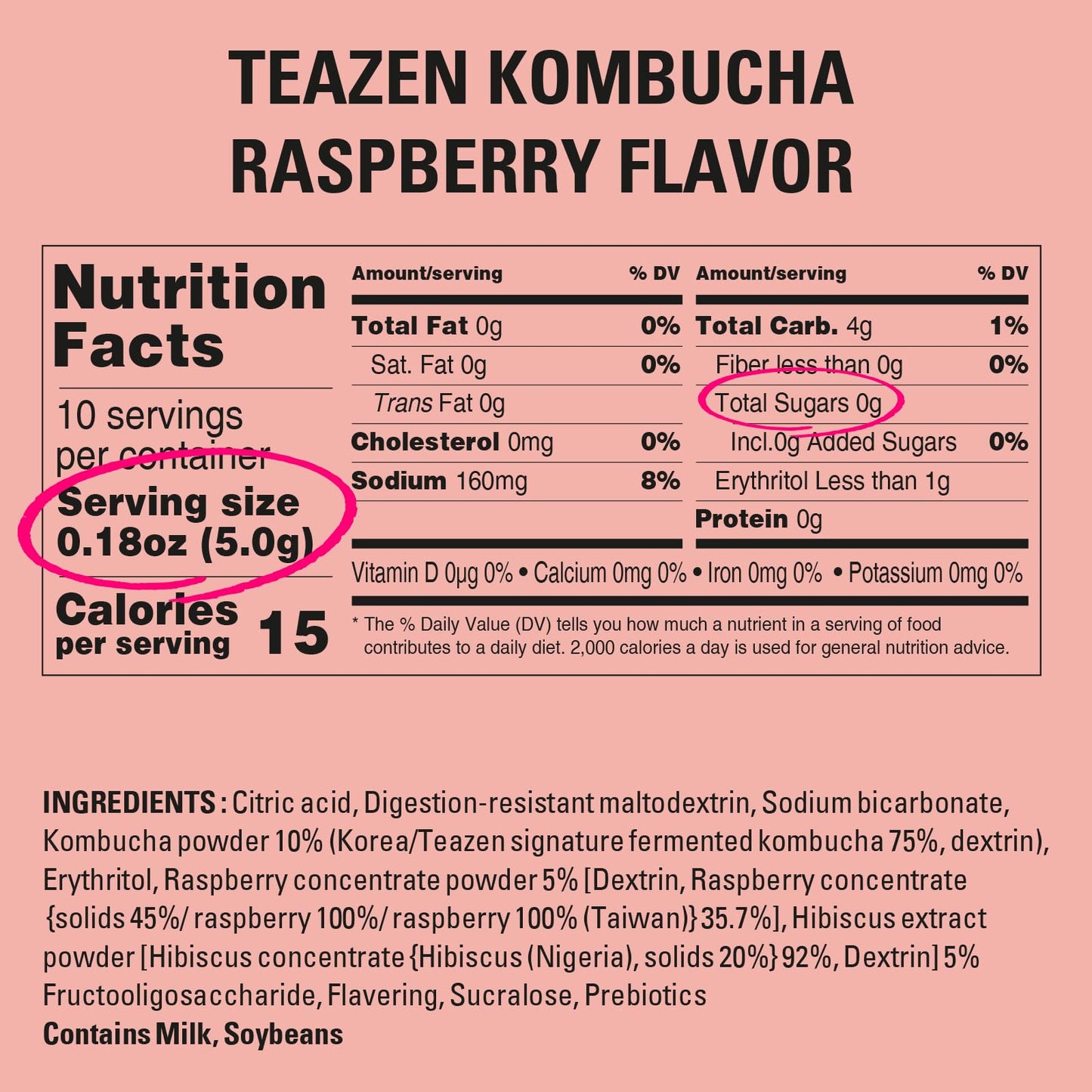 Teazen Raspberry Kombucha Tea, Hydration Drink Mix, Sugar Free, Live Probiotics & Prebiotics, 10 Sticks, 1.76Oz
