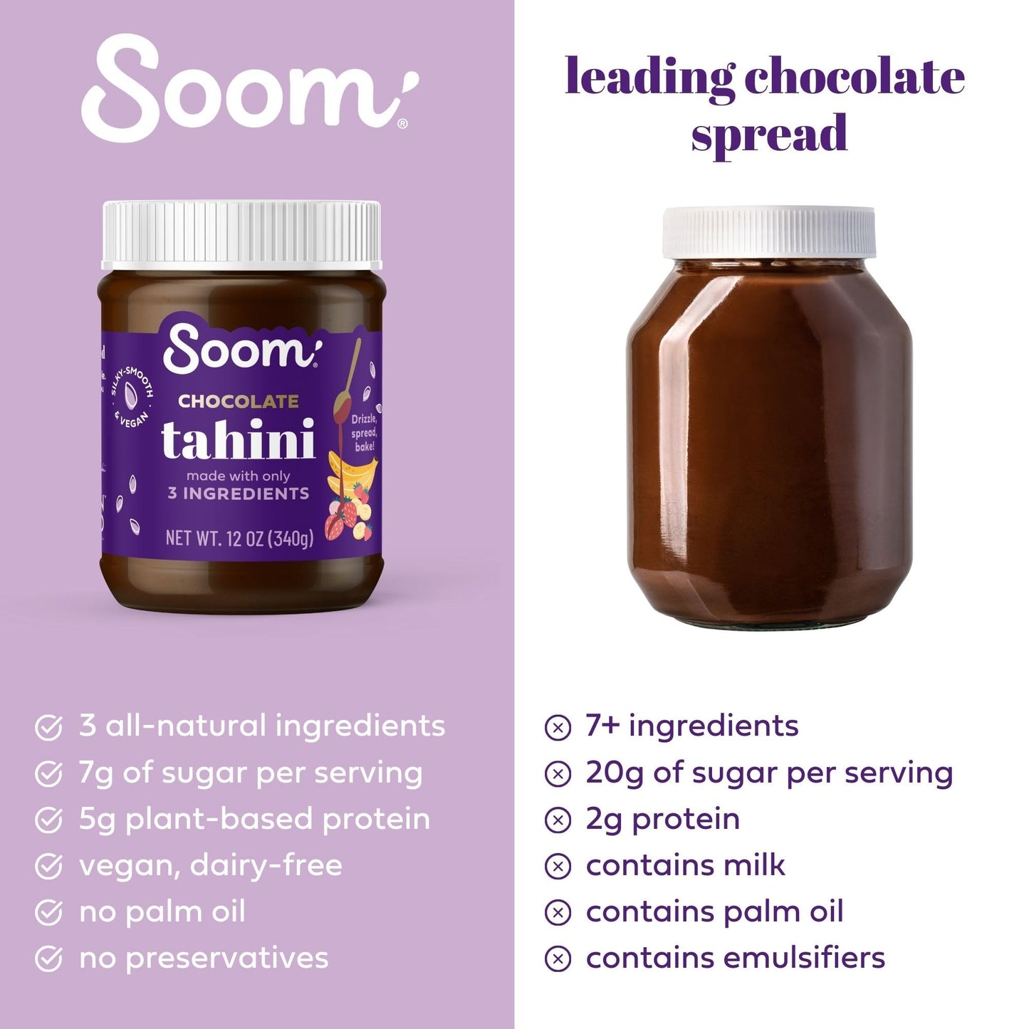 Soom Foods Chocolate Sesame Spread - 12Oz (2 Pack) | Made With 3 Ingredients, Low Sugar, Dairy-Free, Nut-Free, Gluten-Free, Palm Oil-Free | 5G Protein | Better For You Chocolate Spread