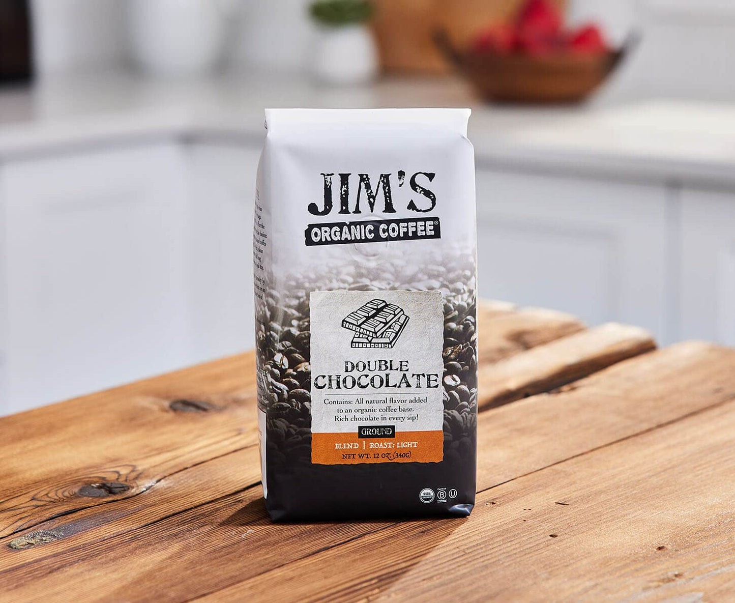 Jims Organic Coffee Double Chocolate Ground Light Roast 12oz - 100% Arabica, USDA Organic, Ethically Sourced
