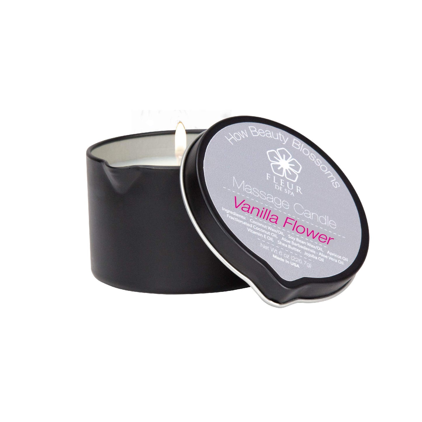 Massage Oil Candle By Fleur De Spa - All Natural - 6Oz With Pour Spout Made In Usa (Vanilla Flower)