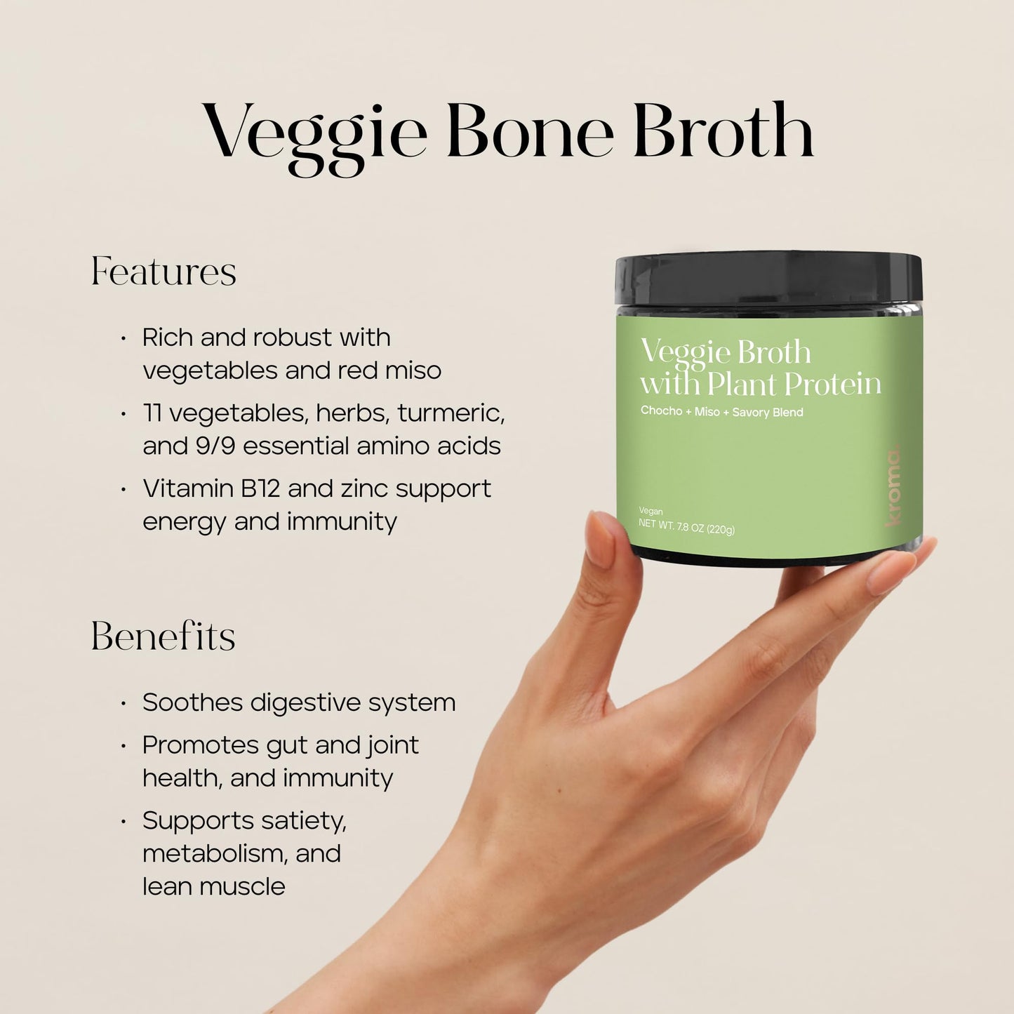 KROMA Vegetable Broth Powder Mix, Gluten Free, Vegan, 7.8 oz, with Red Miso, Veggies & Herbs, Supports Gut Health & Energy