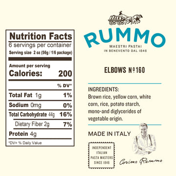 Rummo Gluten Free Elbows Pasta N.160 - Elbow Macaroni Noodles, Made With Brown Rice & Corn, Whole Wheat Pasta, Gf Pasta Noodles-
