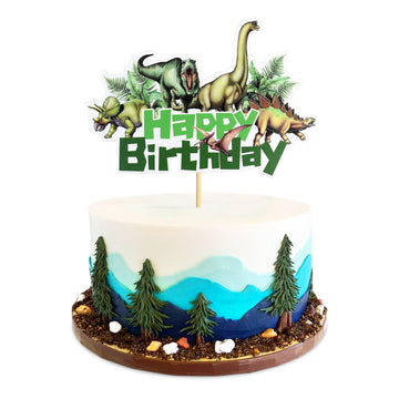 Ercadio 1Pack Wild Dinosaur Happy Birthday Cake Toppers Realistic Dinosaur Happy Birthday Cake Picks With Tropical Leaves For Di